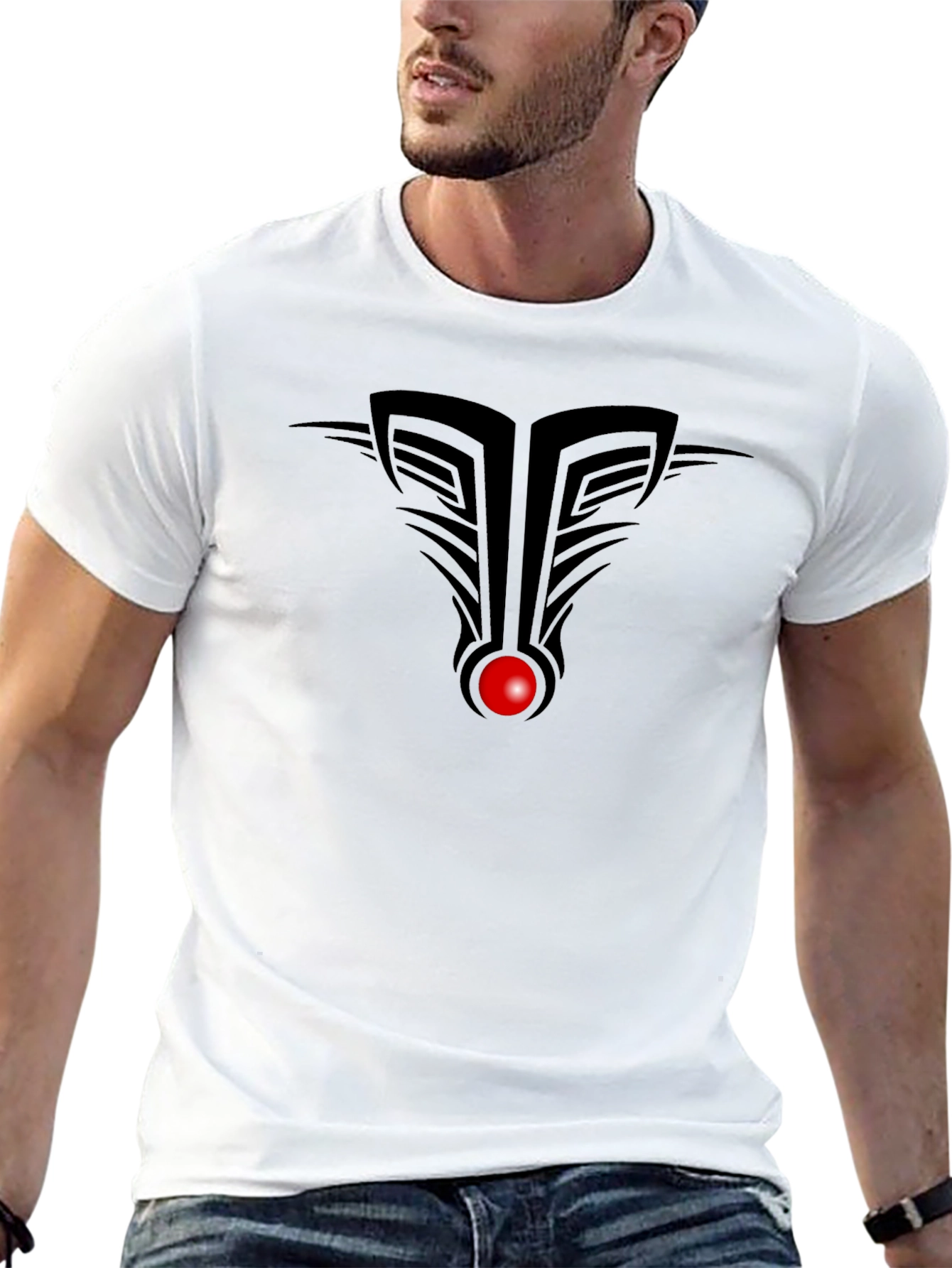 Modern Tribal Black T-Shirt with Red Accent