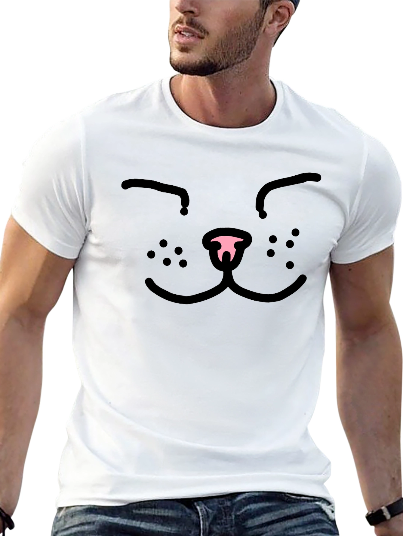 Cute Cat Face Graphic Tee - Black