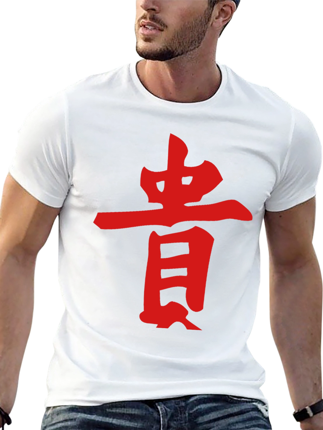 Black Tee with Red Asian Symbol Graphic Print