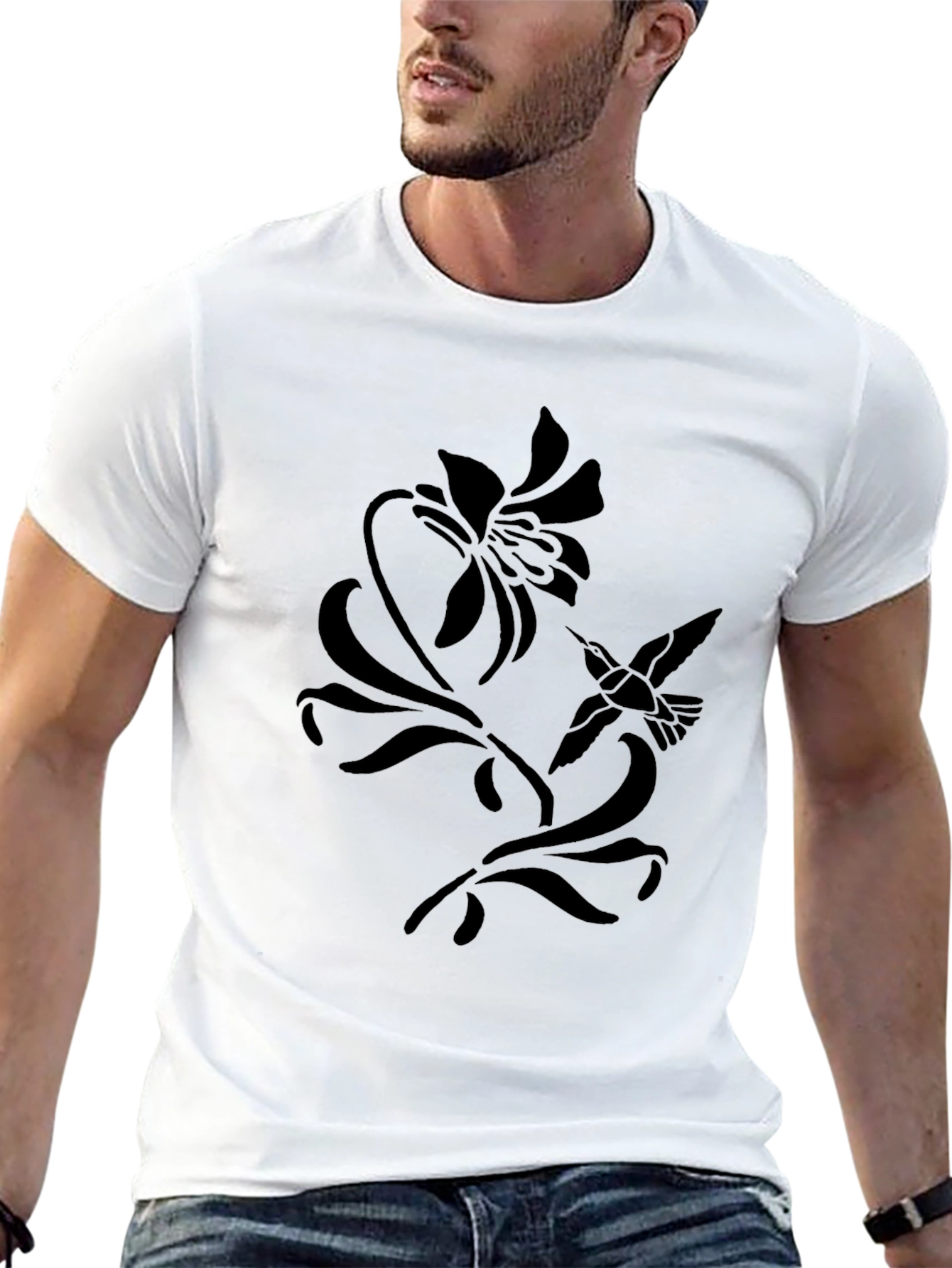 Floral Hummingbird Graphic Tee - Black Cotton T-Shirt