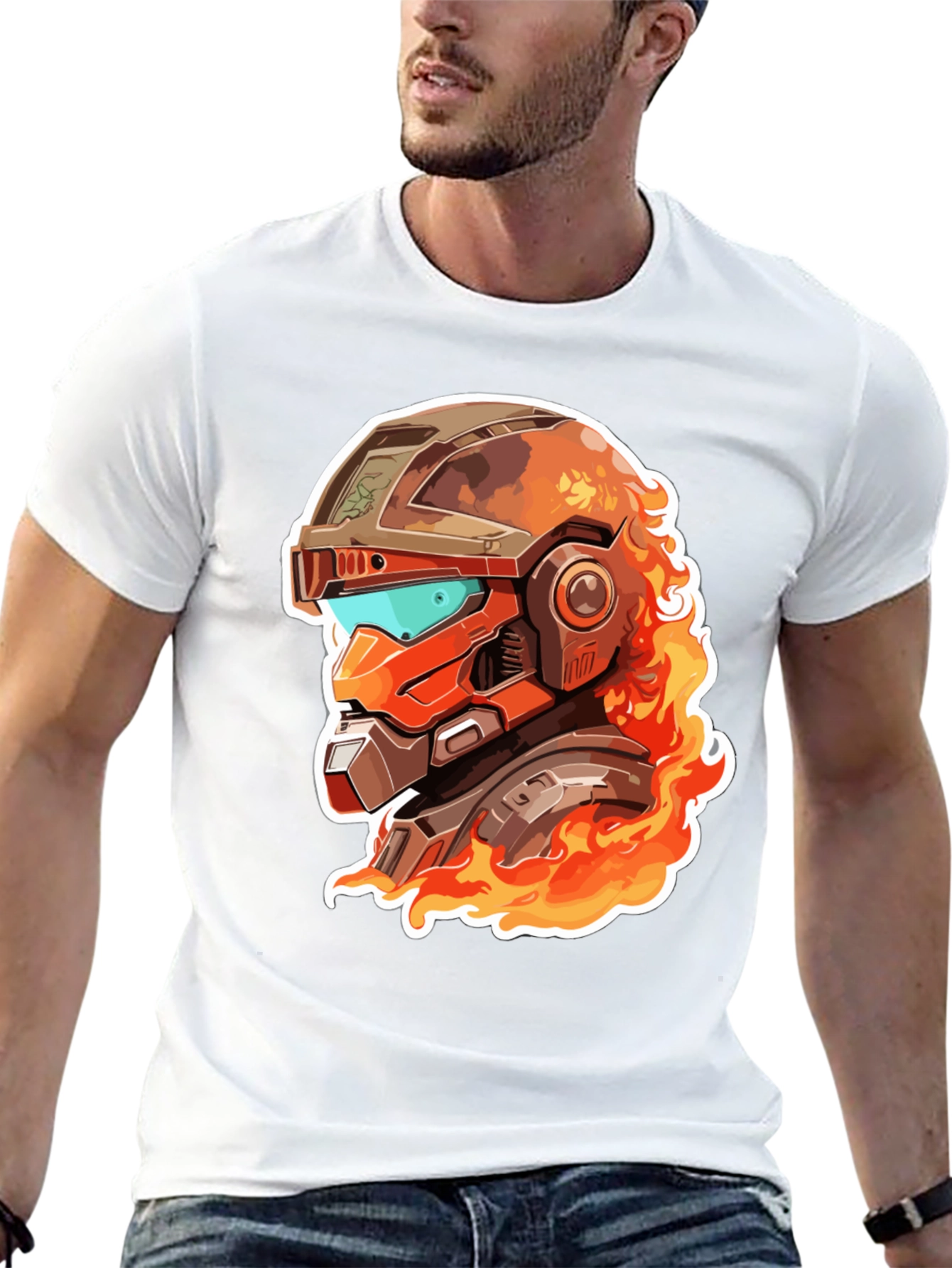 Fiery Robot Helmet Graphic Tee
