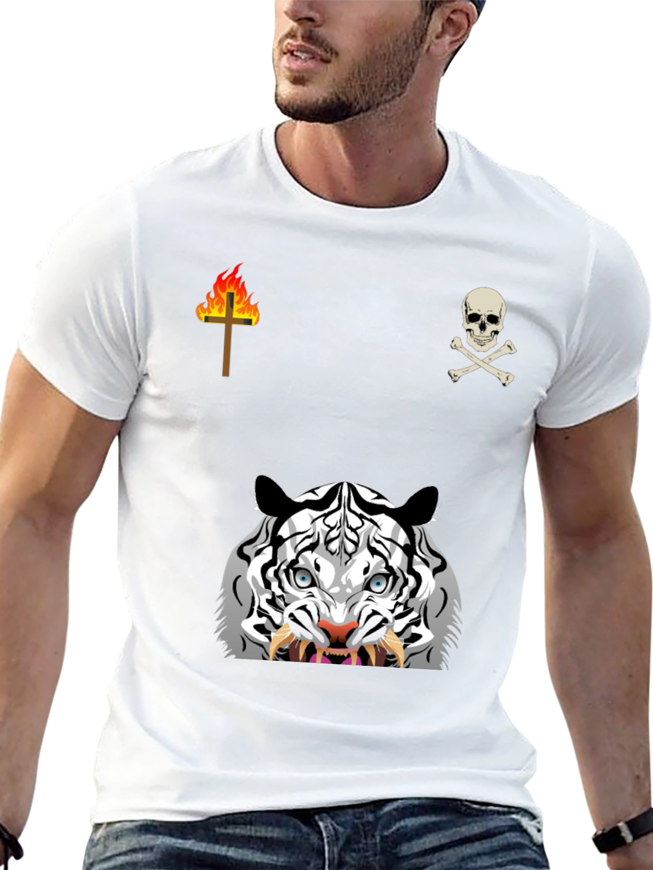 Graphic Black T-Shirt with White Tiger & Skull Design