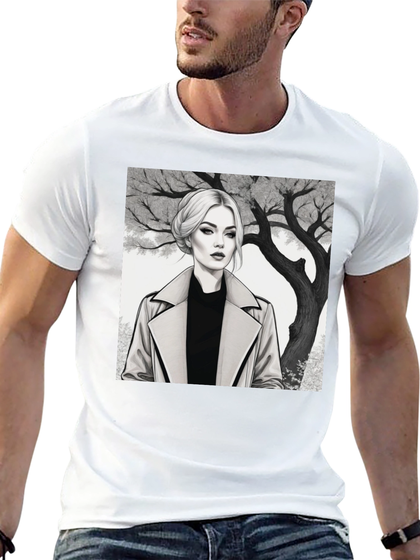 Woman in Trench Coat Graphic Tee