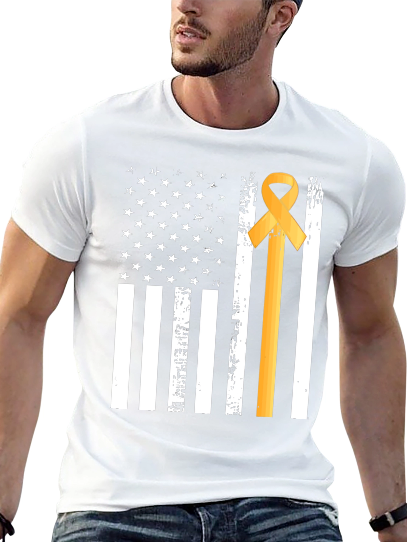 Gold Ribbon American Flag Graphic T-Shirt