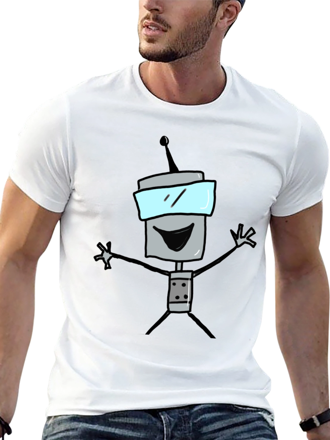 Fun Robot Graphic Tee - Black Cotton T-Shirt