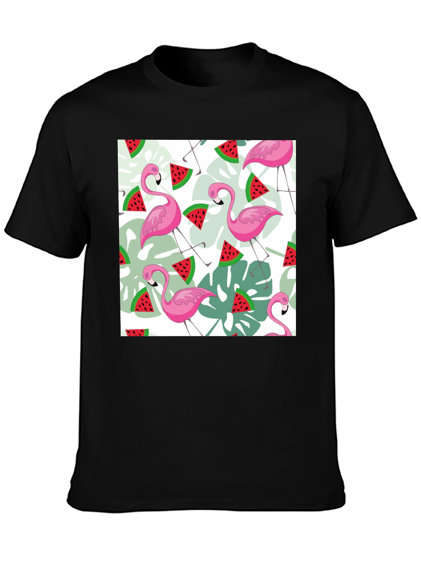 Flamingo & Watermelon Print Black T-Shirt