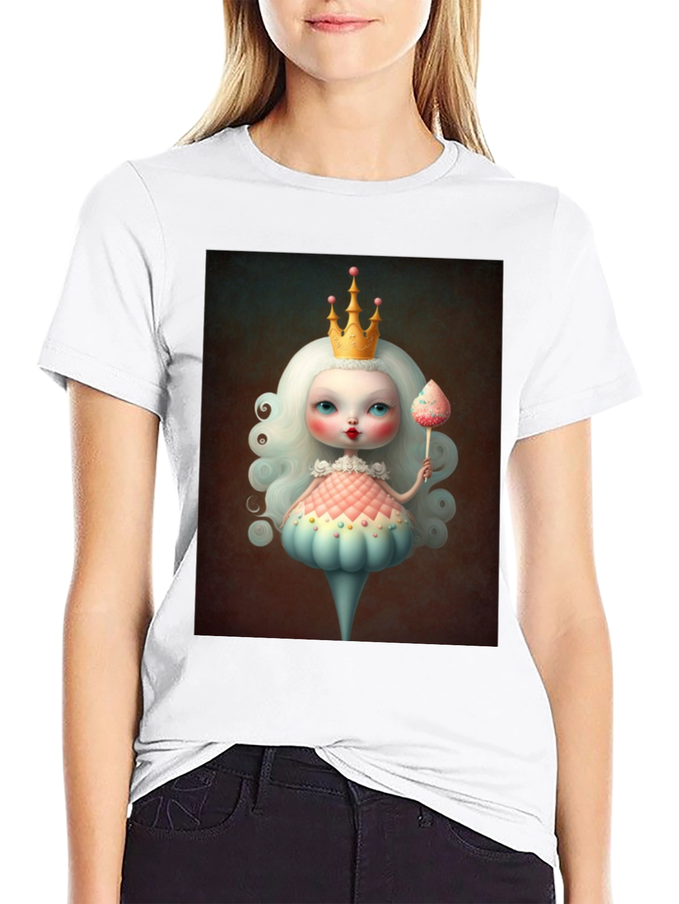 Whimsical Doll Art Graphic Tee - Black