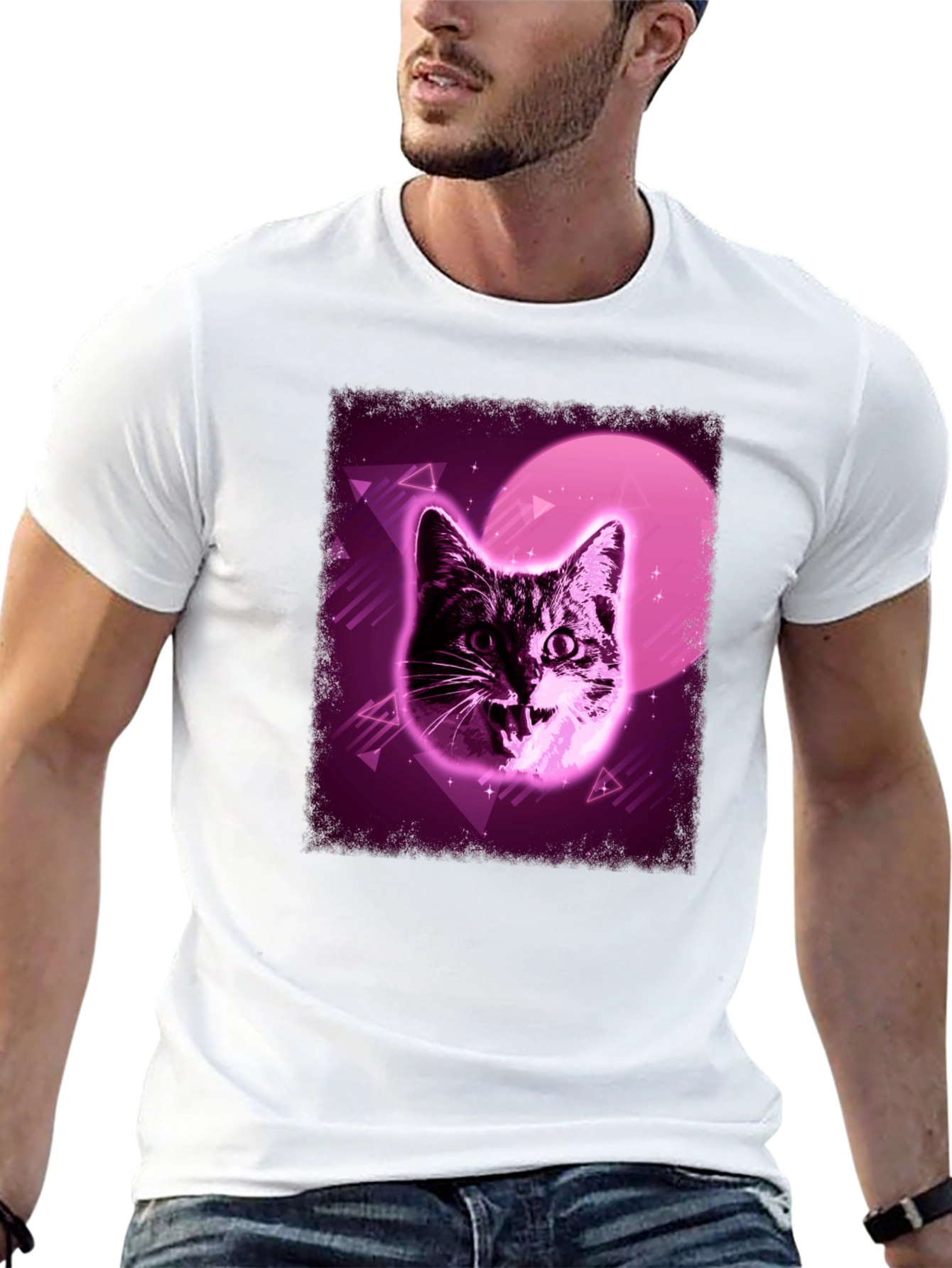 Retro Cat Graphic Tee - Vaporwave Style
