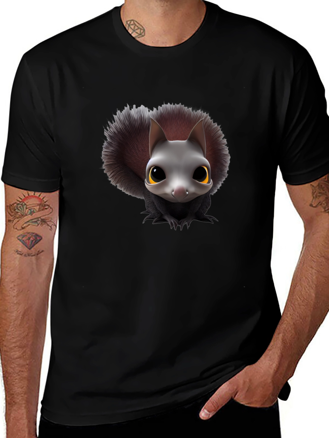 Cute Bushy-Haired Animal Graphic Tee - Black