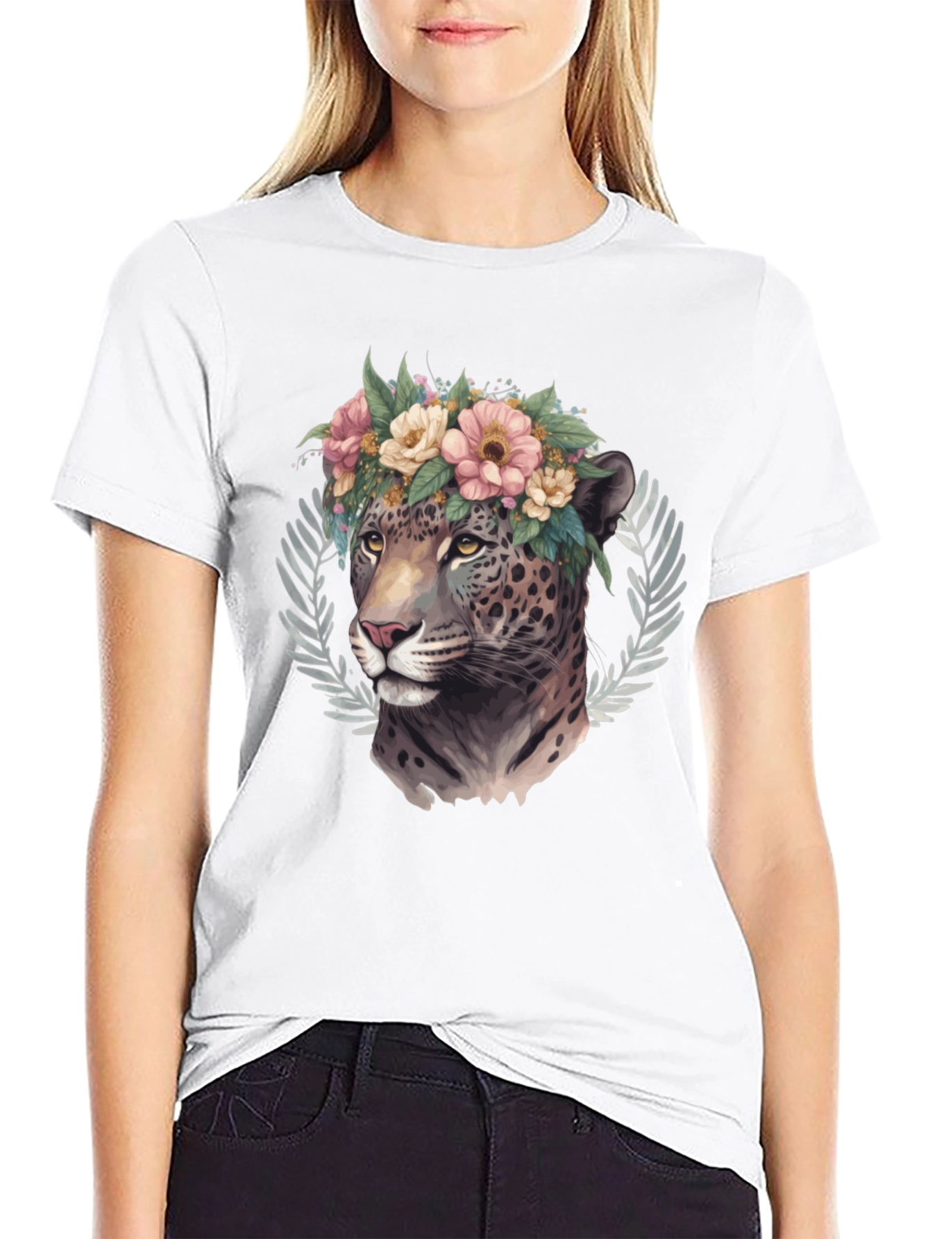 Floral Leopard Graphic Black T-Shirt