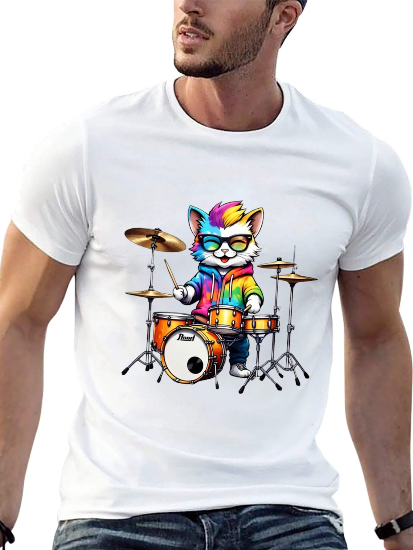Drummer Cat T-Shirt - Rainbow Design