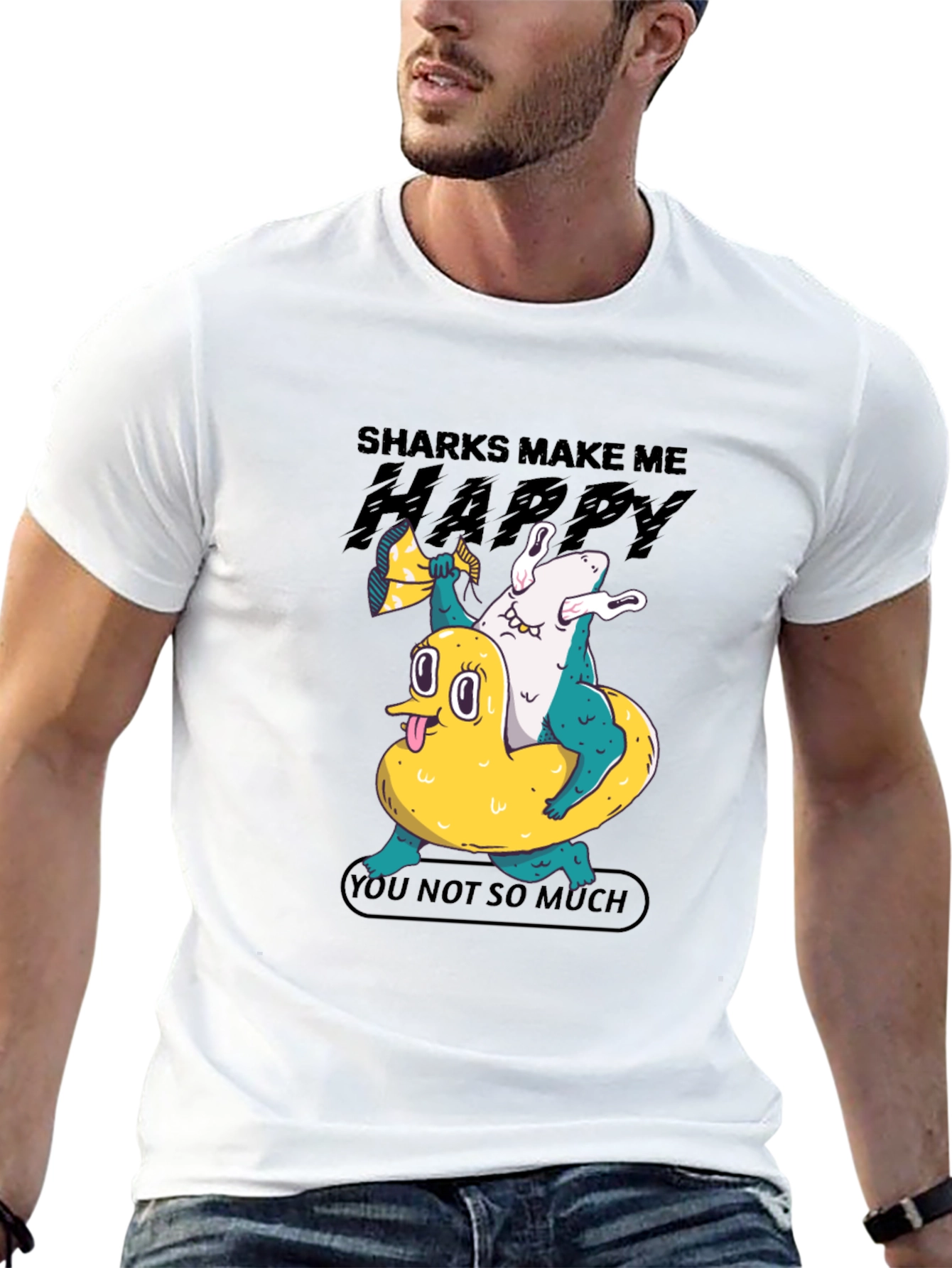 Shark Makes Me Happy T-Shirt Novelty Graphic Tee