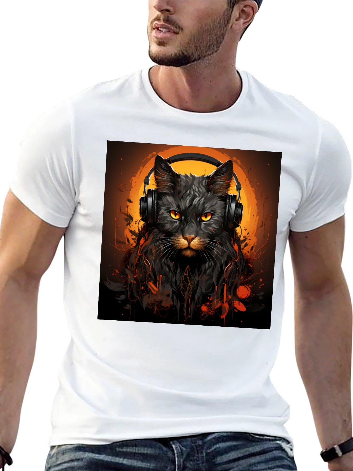 DJ Cat Graphic Tee - Stylish Unisex Black T-Shirt
