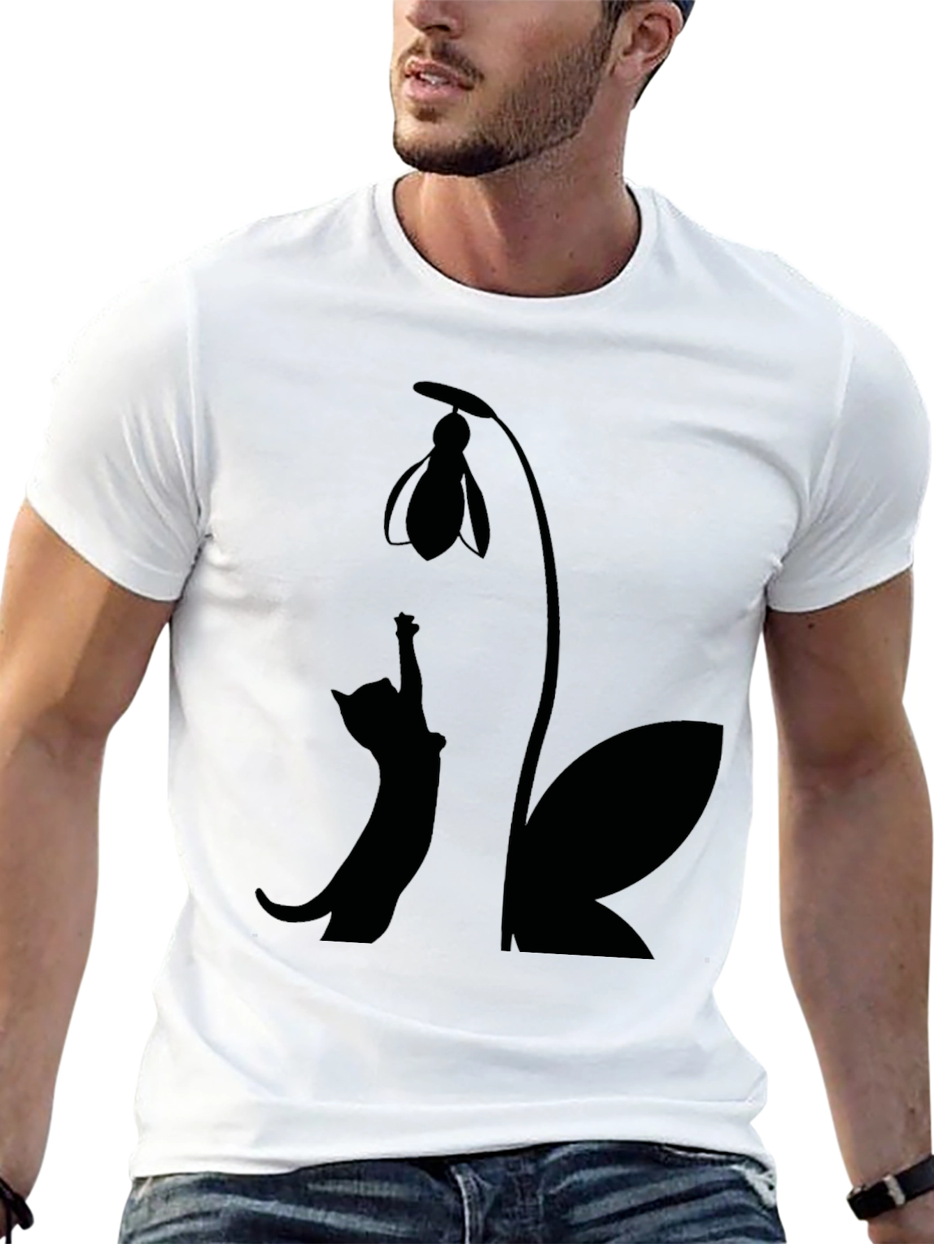 Cat & Snowdrop Flower Black T-Shirt
