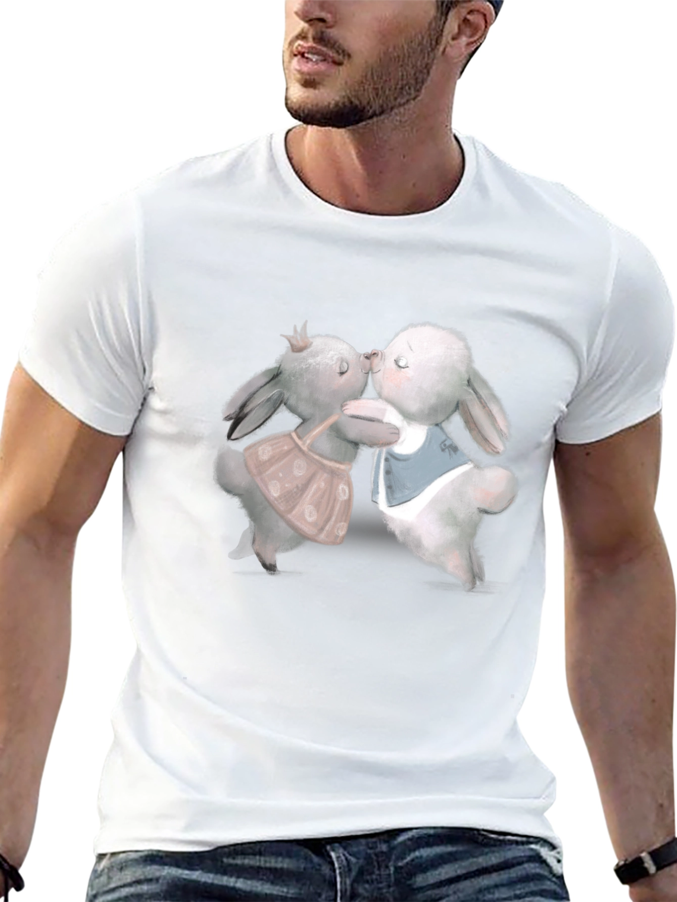 Cute Rabbit Kissing Graphic Tee - Black T-Shirt