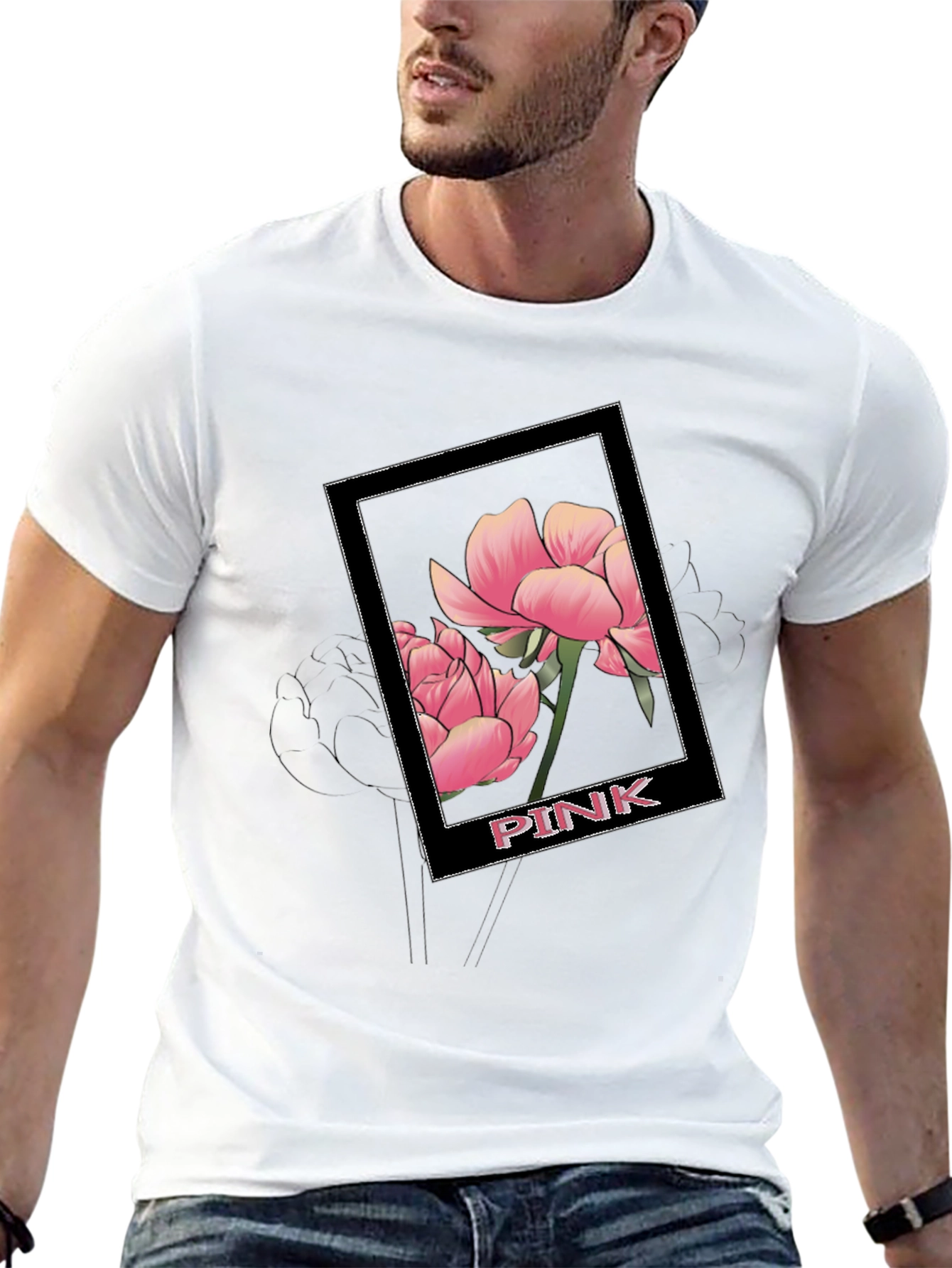 Pink Flower Graphic Black T-Shirt