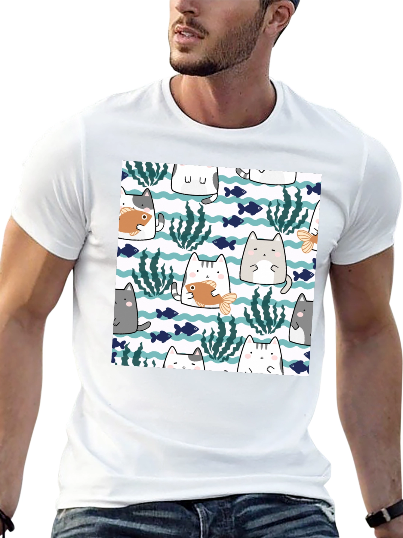Fun Cat & Fish Graphic Tee - Black