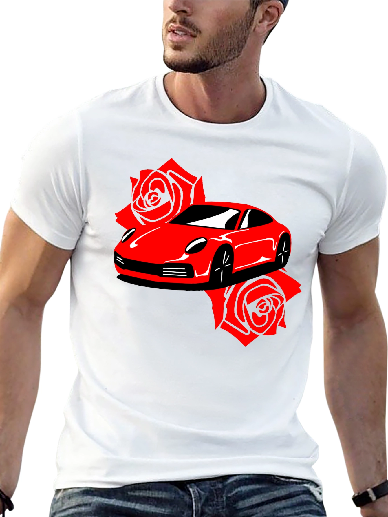 Red Car & Roses Graphic T-Shirt
