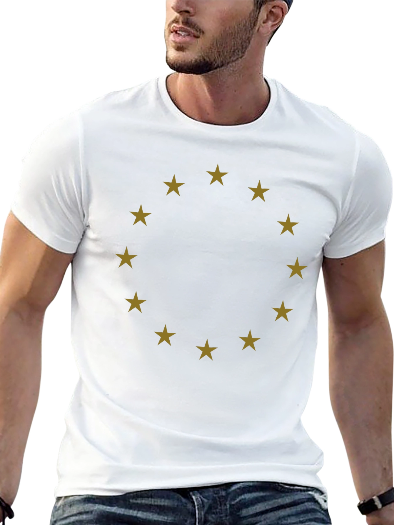 Stylish Black Tee with Gold Star Circle Design
