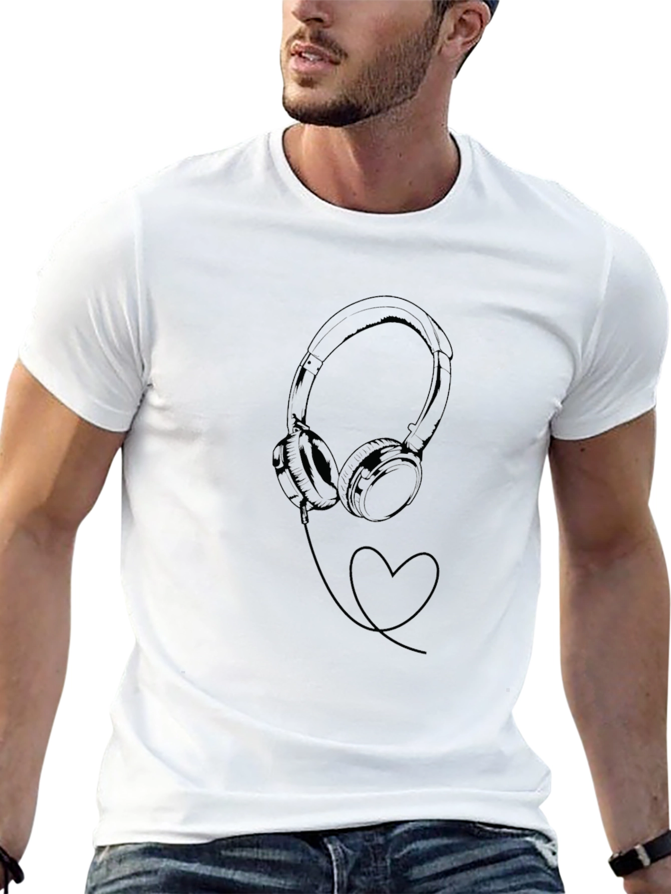 Stylish Black Graphic Tee with Headphones and Heart Design