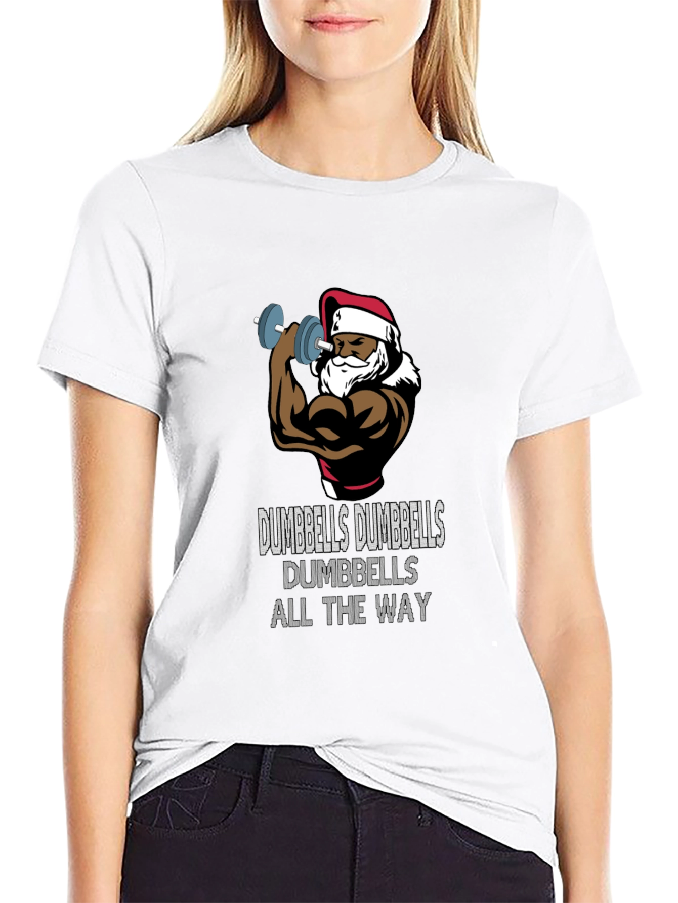 Funny Santa Workout T-Shirt: Dumbbells All The Way!