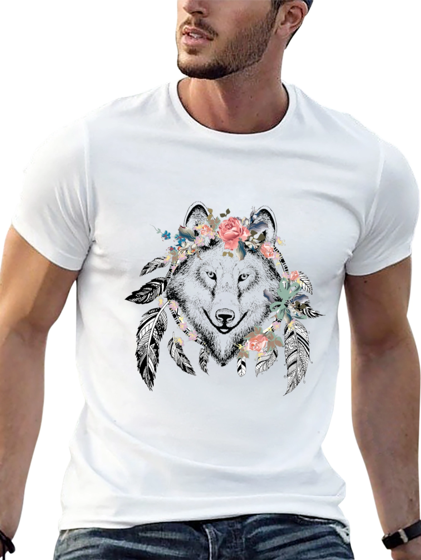 Floral Wolf Graphic Tee - Unisex Black T-Shirt