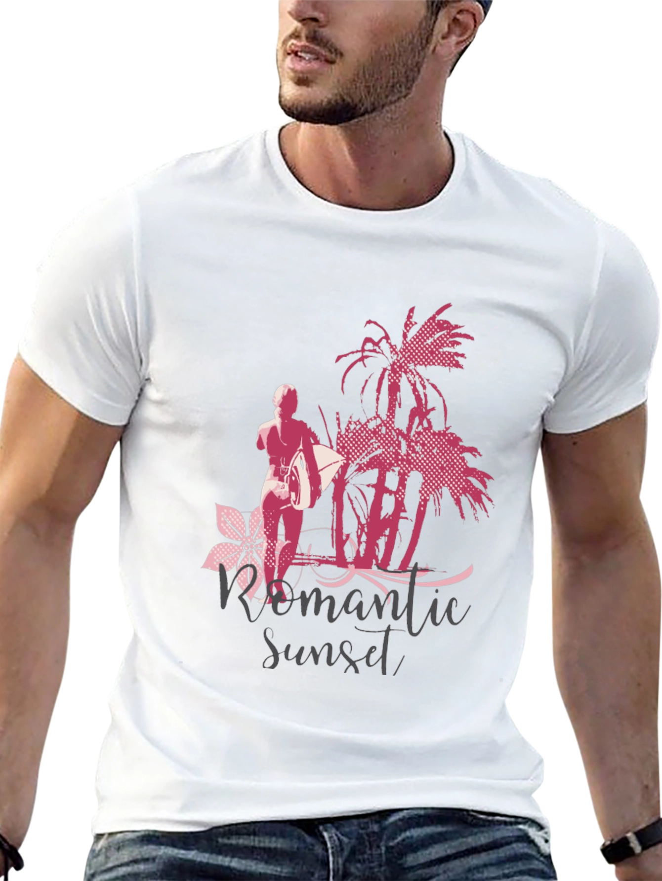 Romantic Sunset Surfer Graphic T-Shirt - Black