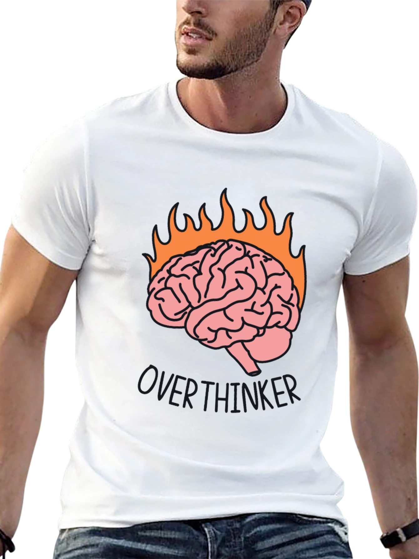Overthinker Brain Flames Graphic Tee - Black Cotton T-Shirt