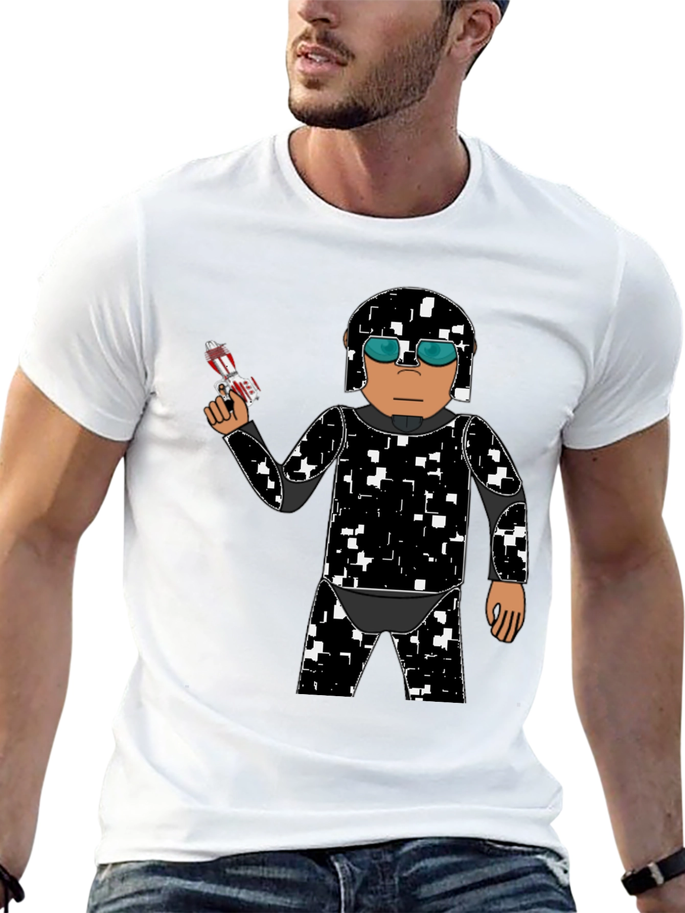 Sci-Fi Soldier Graphic Tee - Black Cotton Blend