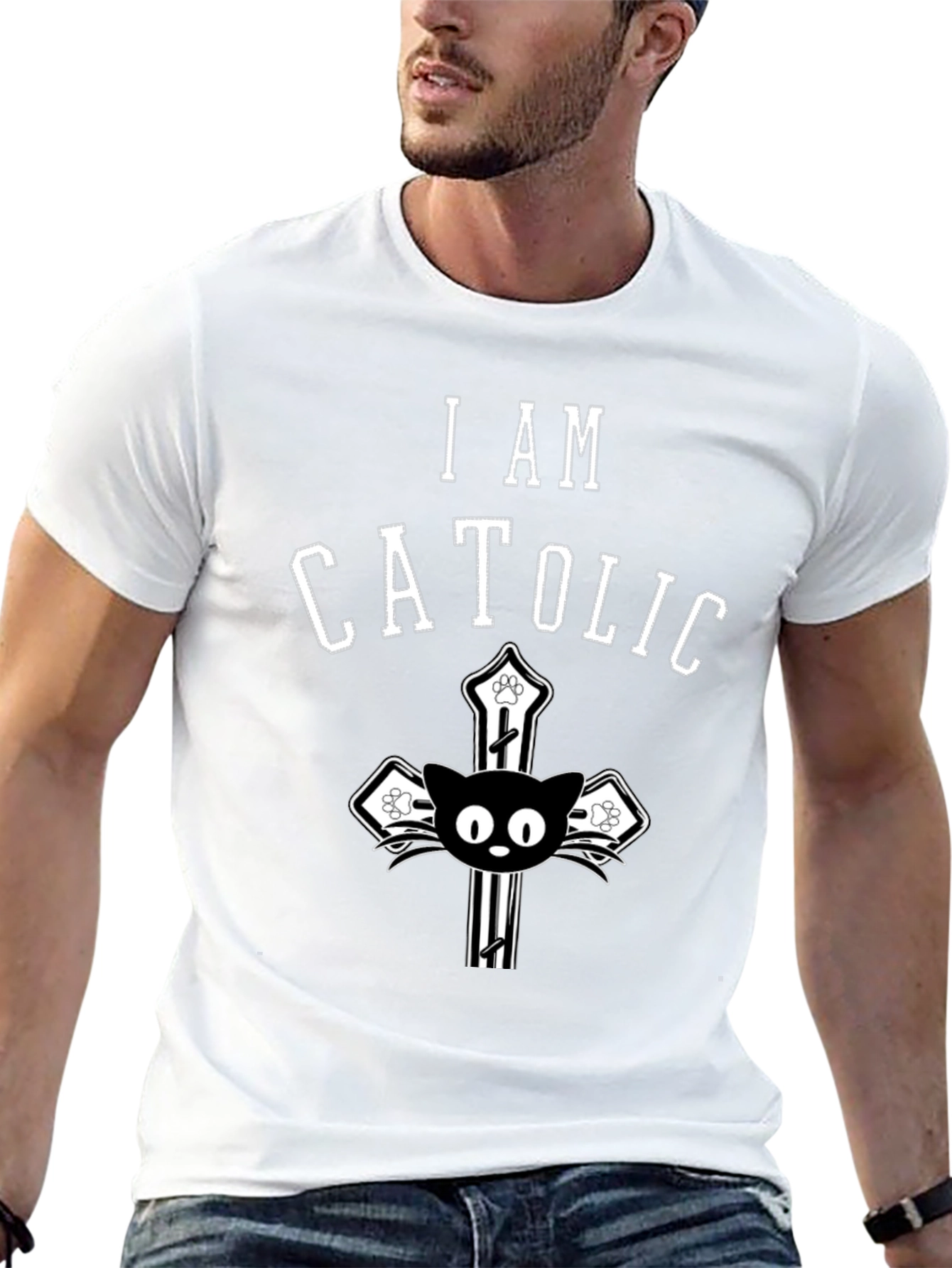 I Am Catholic Cat T-Shirt - Black Cotton Tee