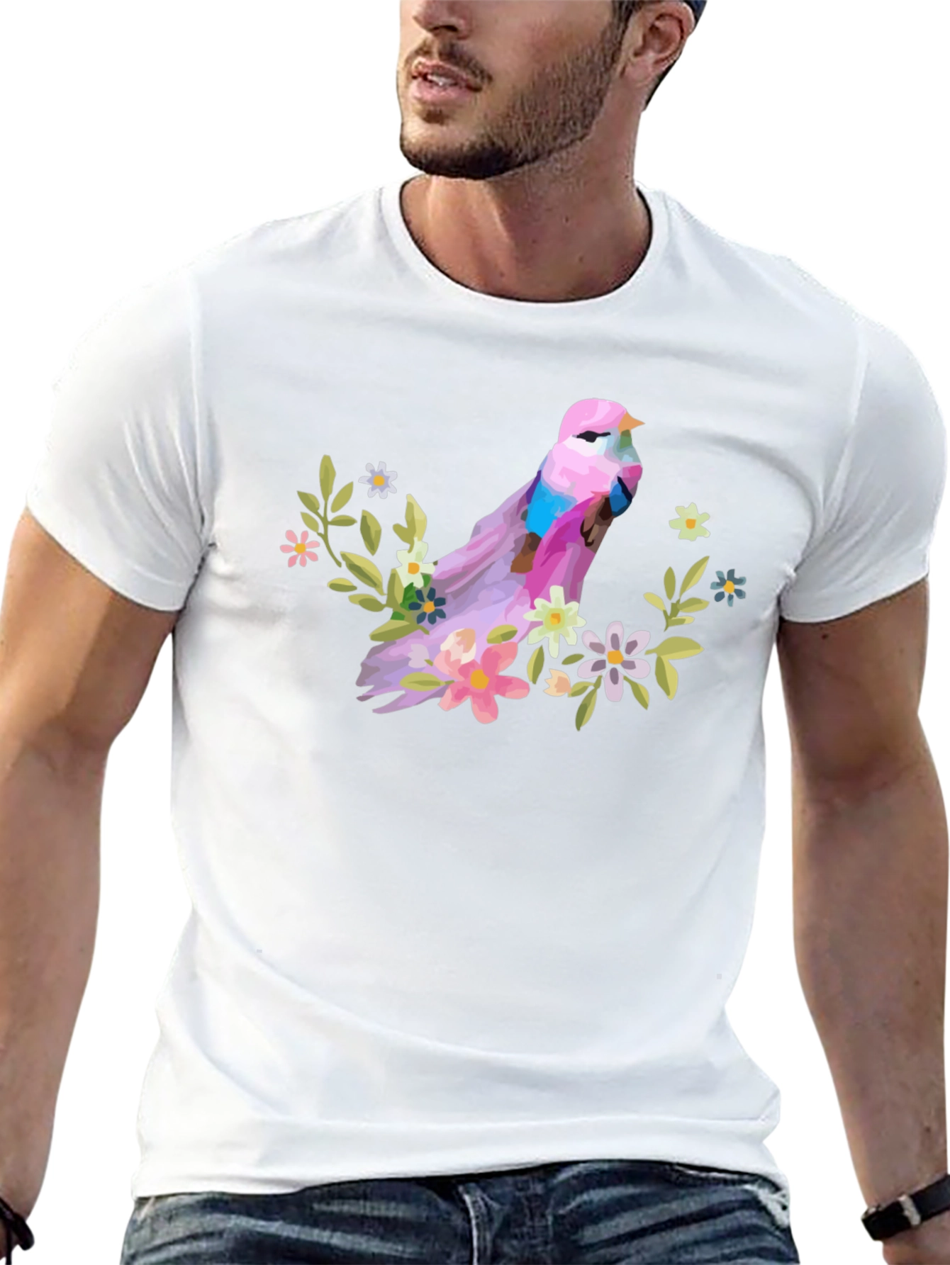 Bird and Floral Graphic T-Shirt - Black