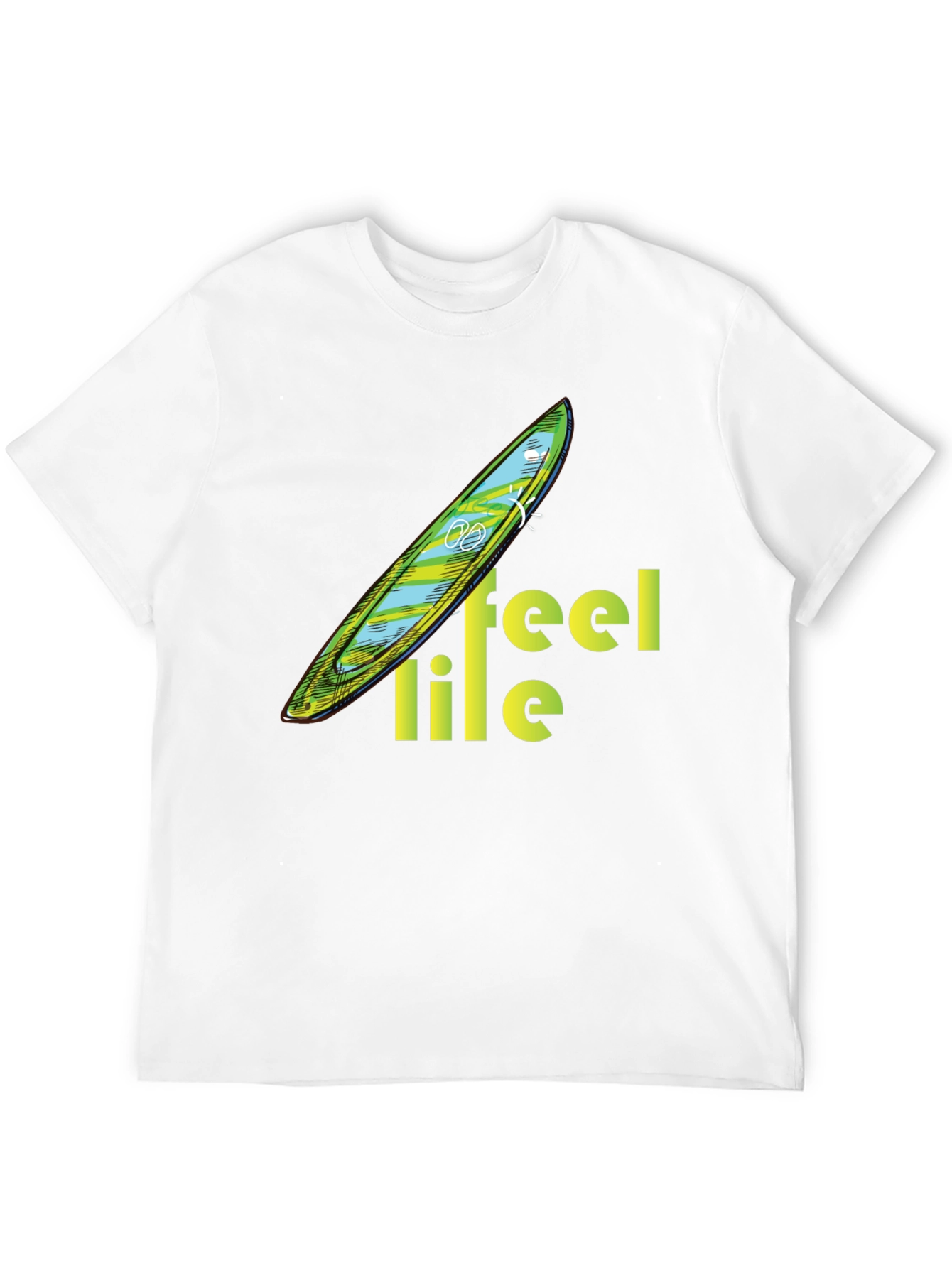 Feel Life Tee: Surfboard Design on Black Cotton Shirt