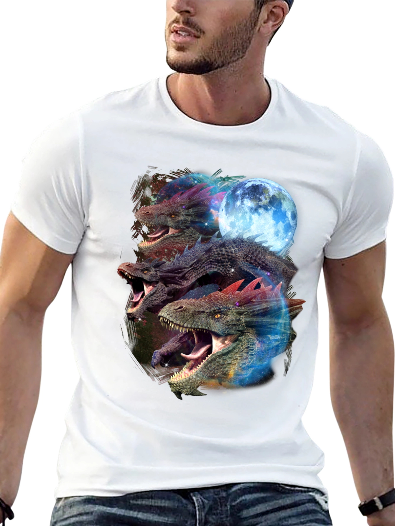 Dragon Trio Moon Black T-Shirt Graphic Print