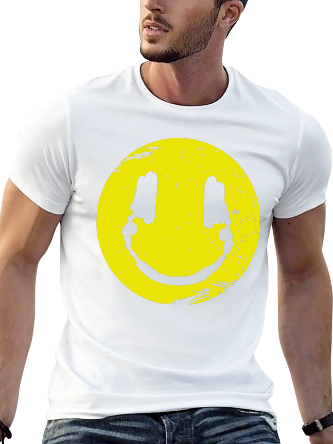 Distressed Smiley Graphic T-Shirt - Black Cotton Blend