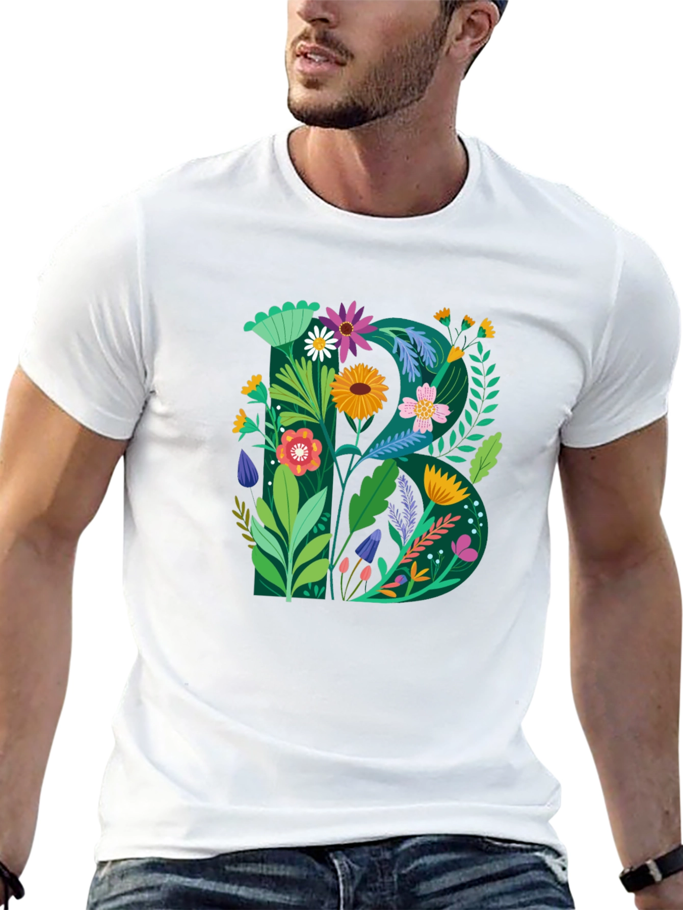 Floral Letter B Graphic Print Black T-Shirt