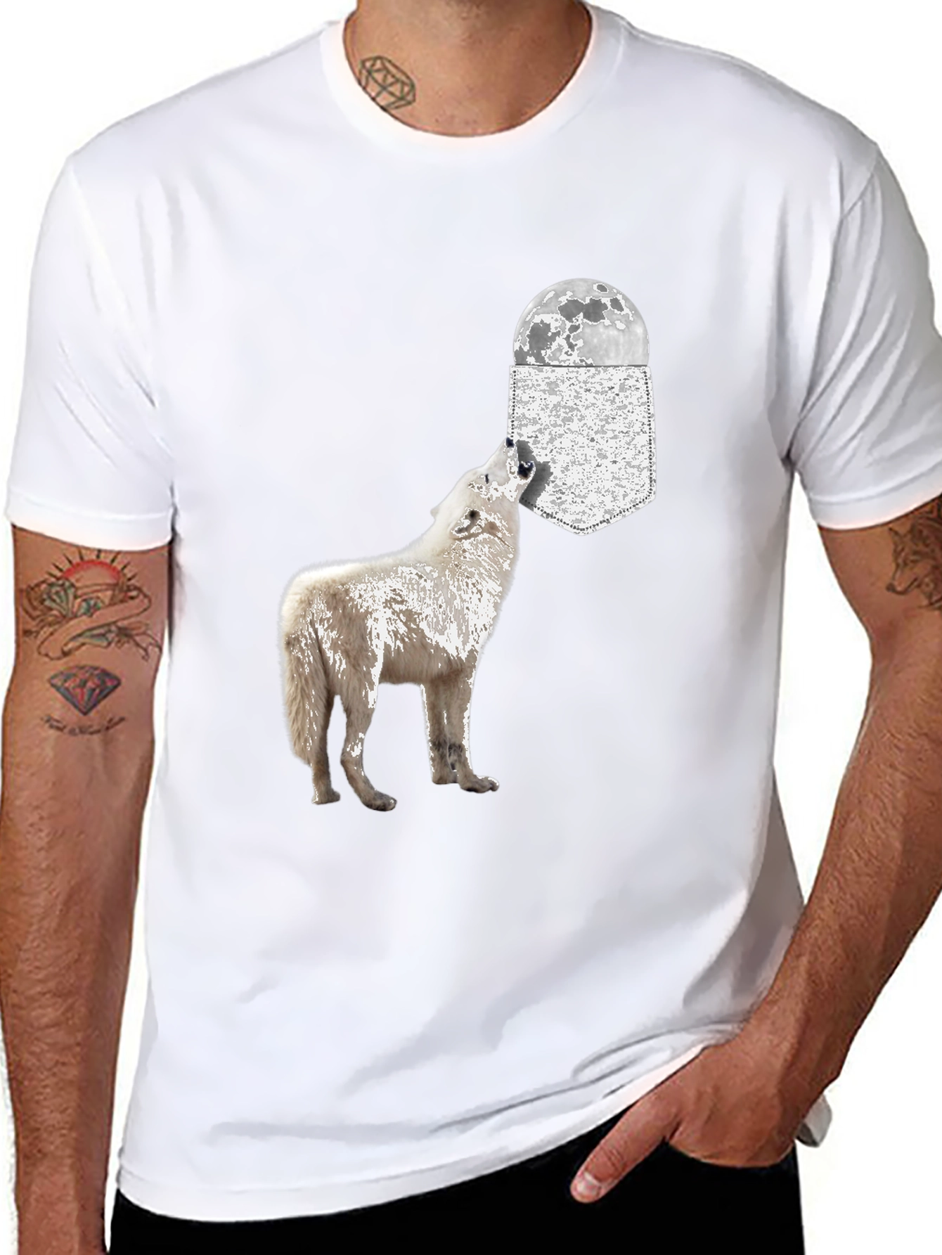 Wolf Howling at Moon Pocket T-Shirt