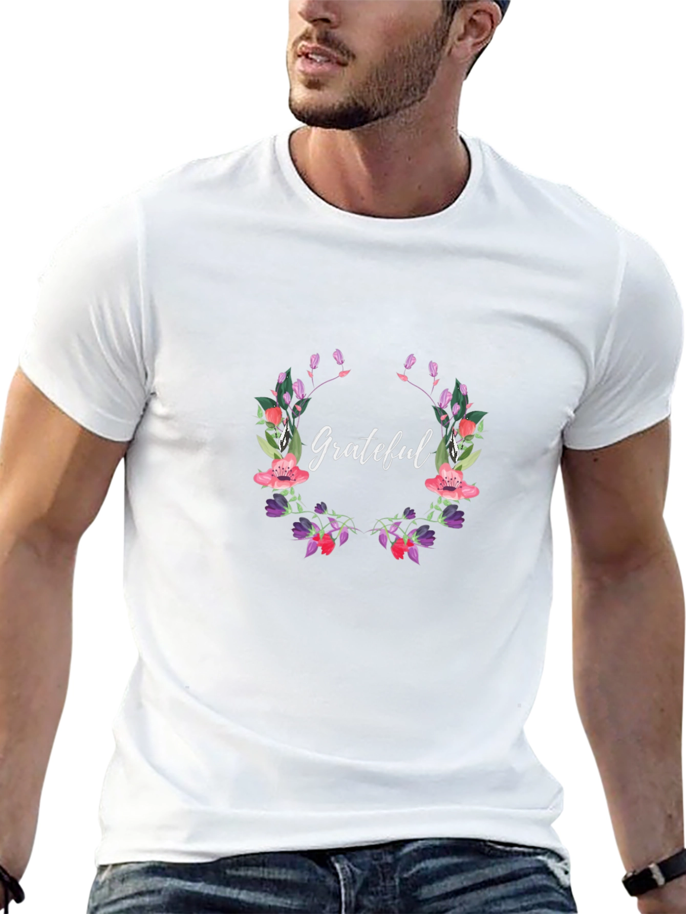 Grateful Floral Wreath Black T-Shirt
