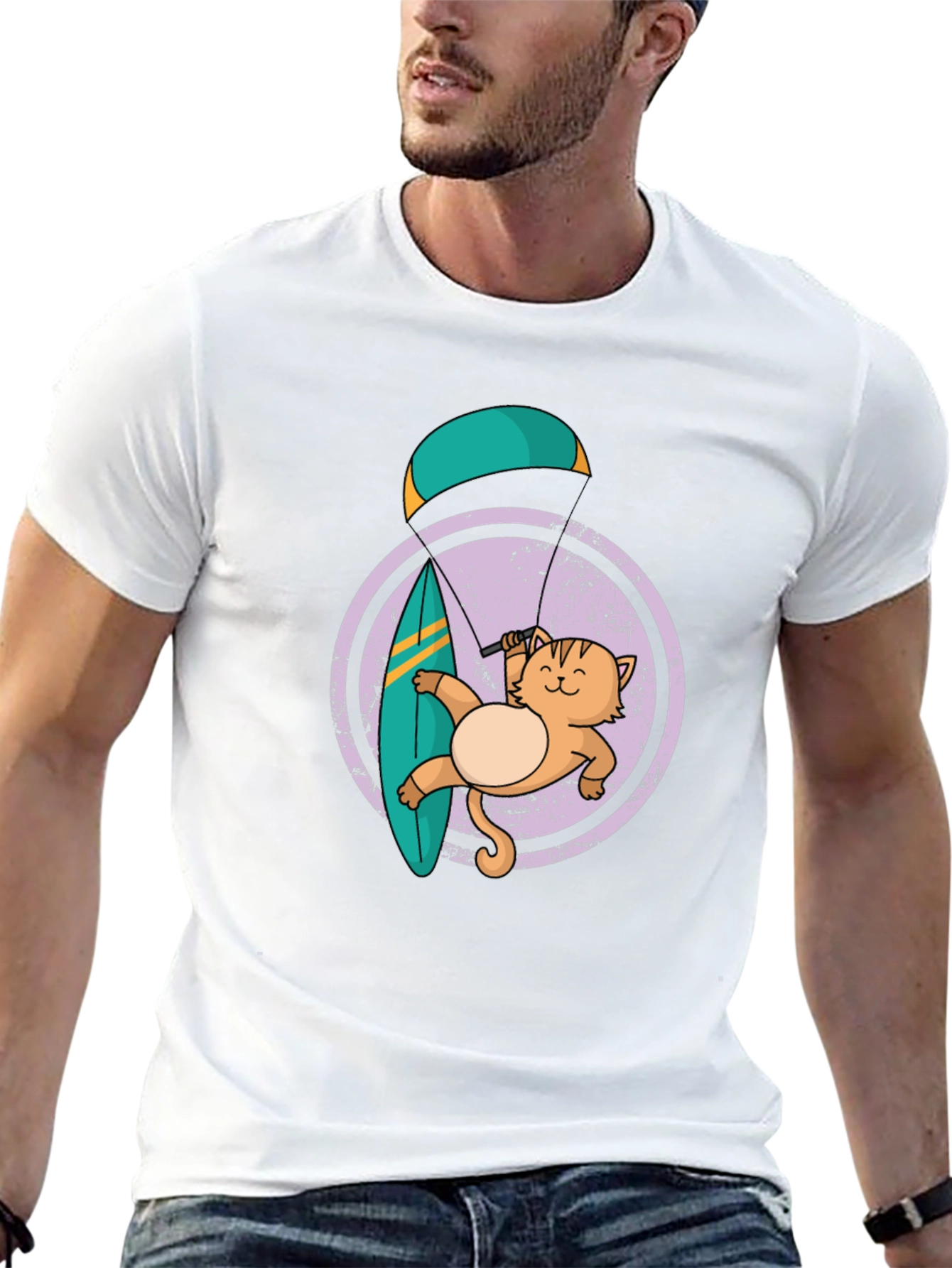 Cat Surfing with Parachute Graphic Tee