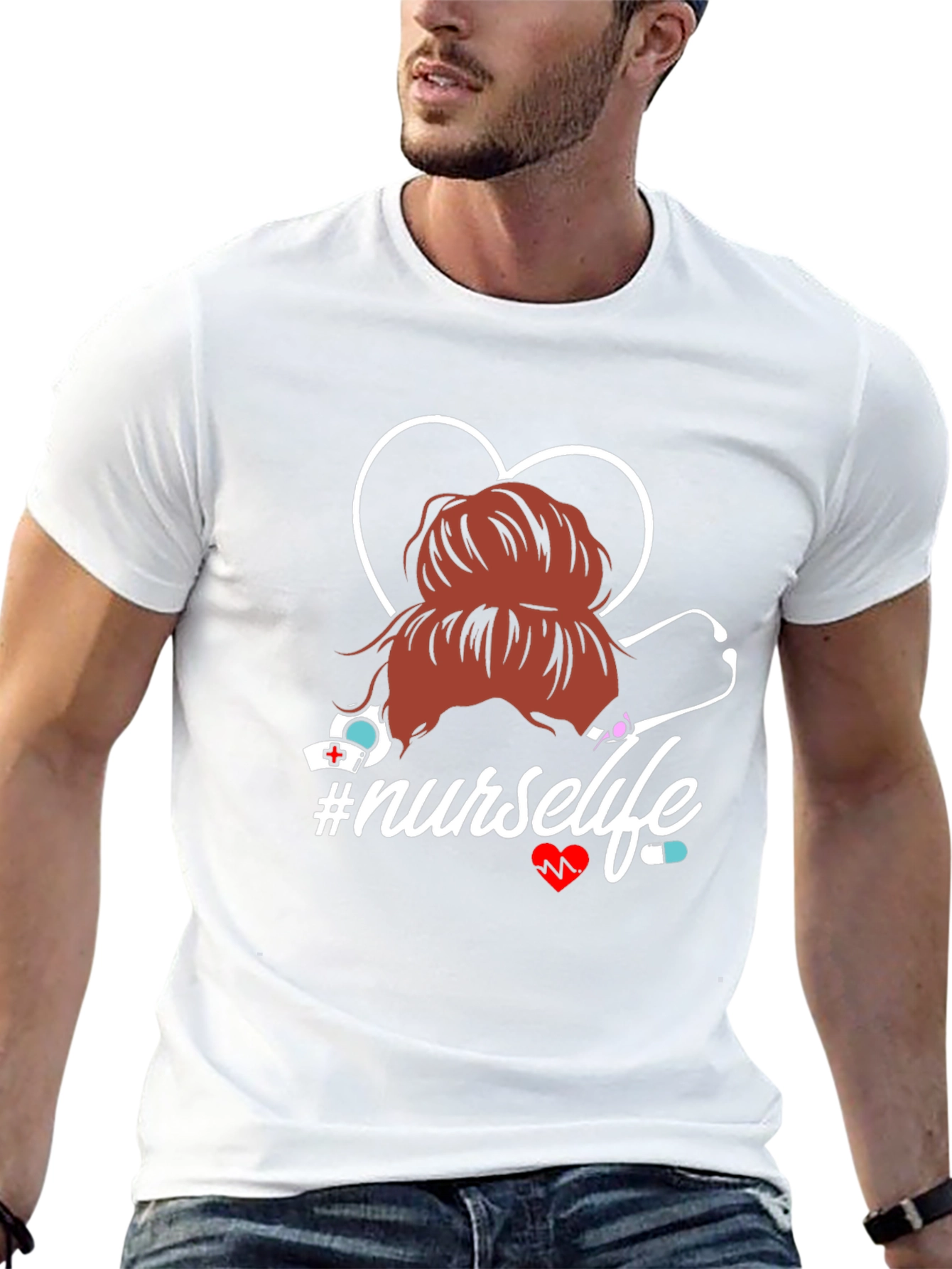 Nurse Life T-Shirt - Messy Bun Heart Stethoscope Tee