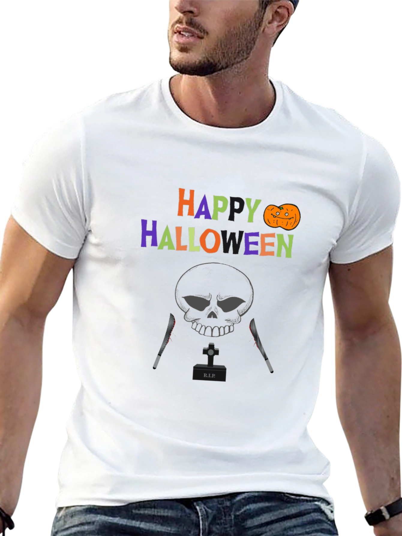 Happy Halloween T-Shirt with Skull & Knife Design