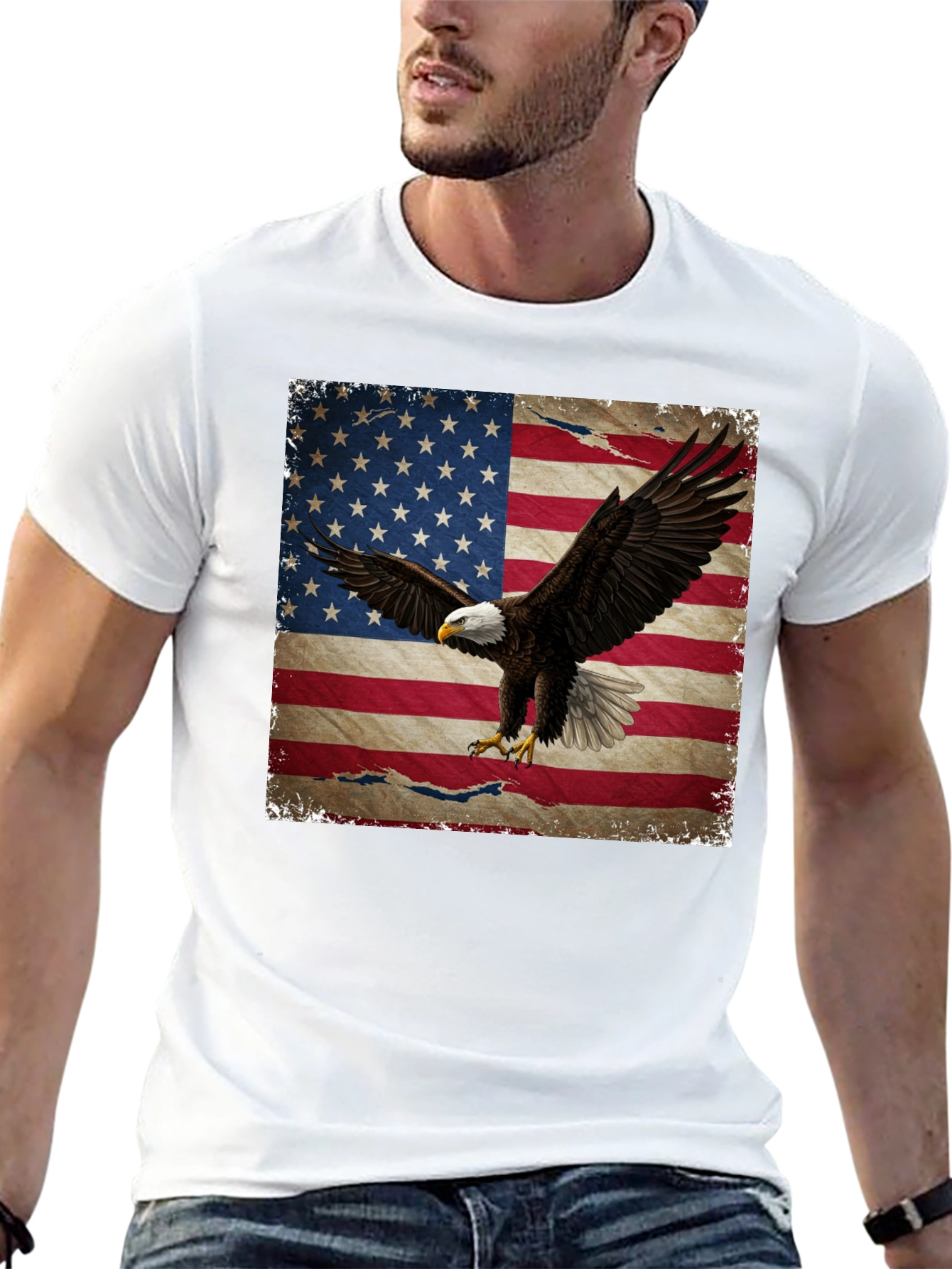 American Flag Eagle Graphic Print Black T-Shirt