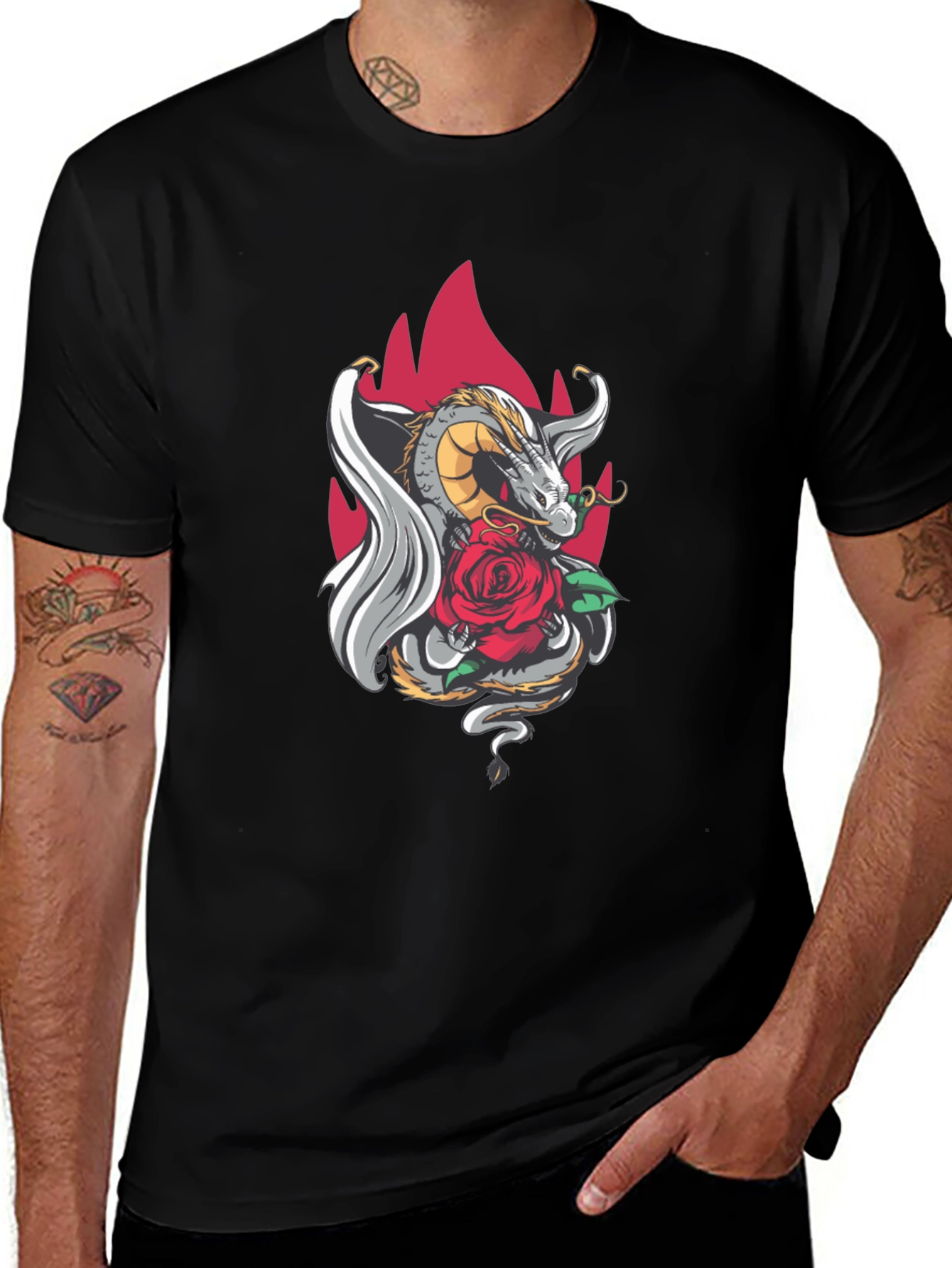 Dragon and Rose Graphic Tee - Black Cotton
