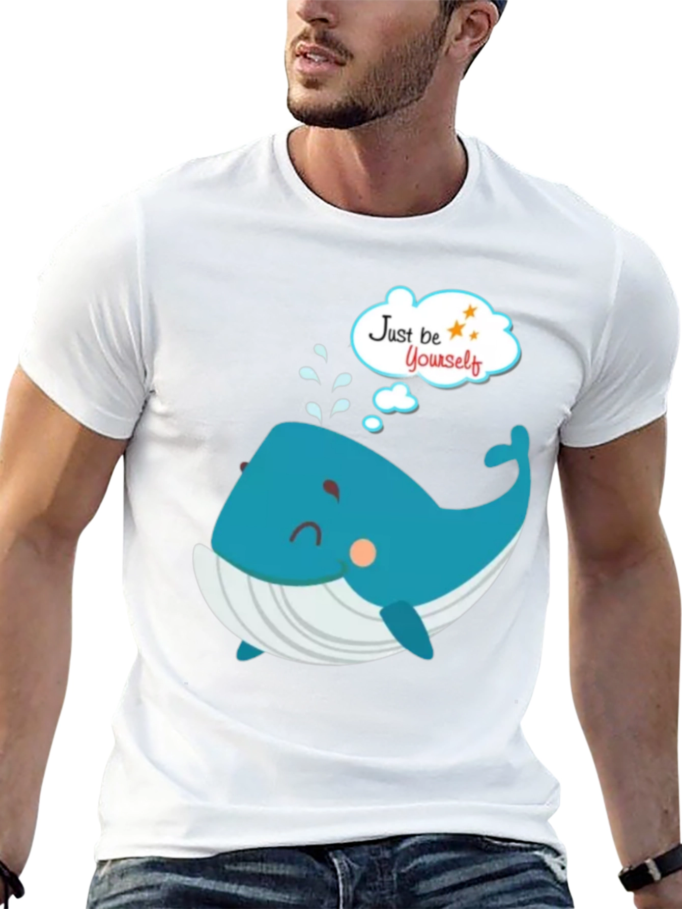 Cartoon Whale Just Be Yourself Black Graphic T-Shirt