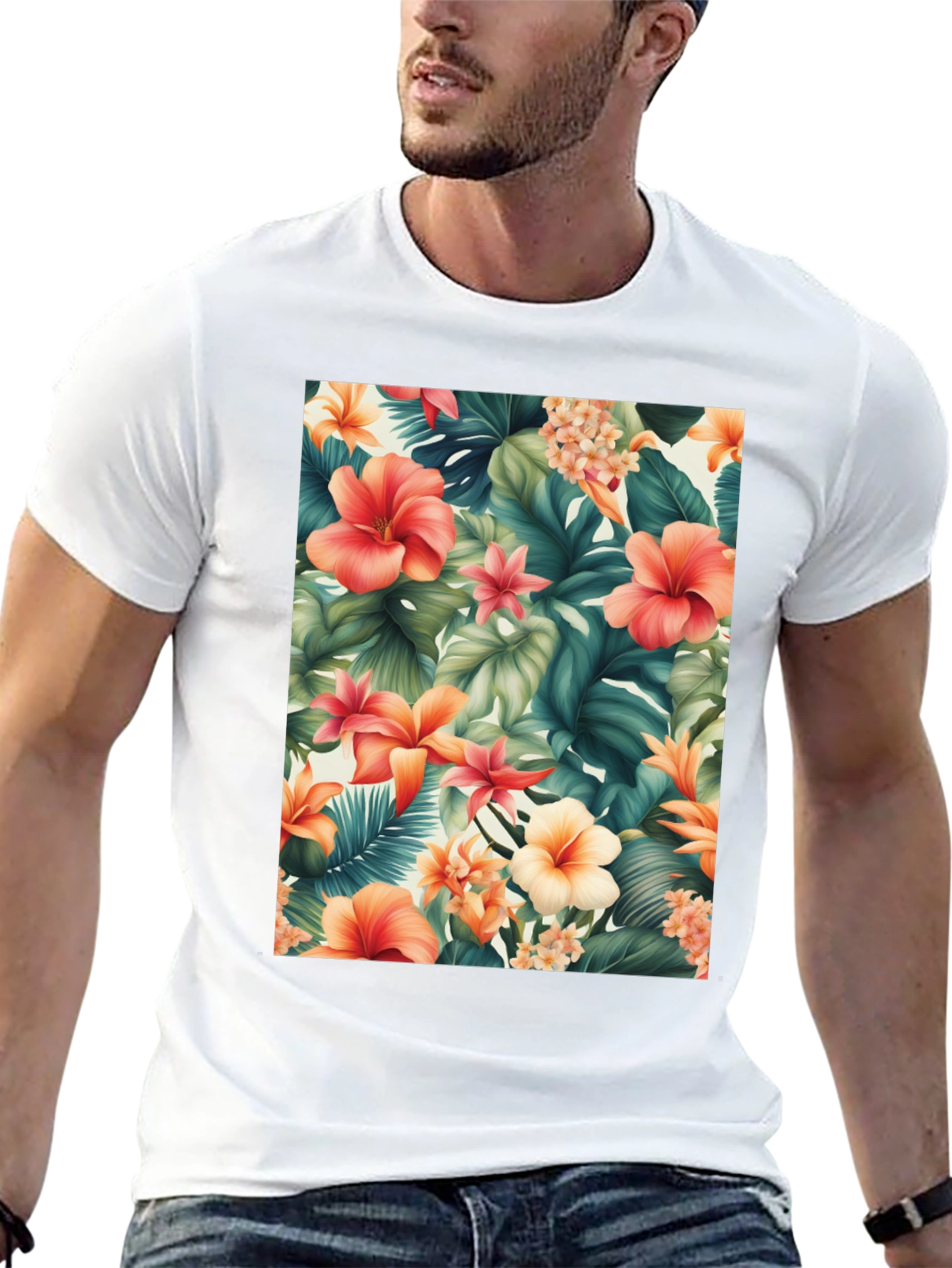 Tropical Floral Print Black T-Shirt