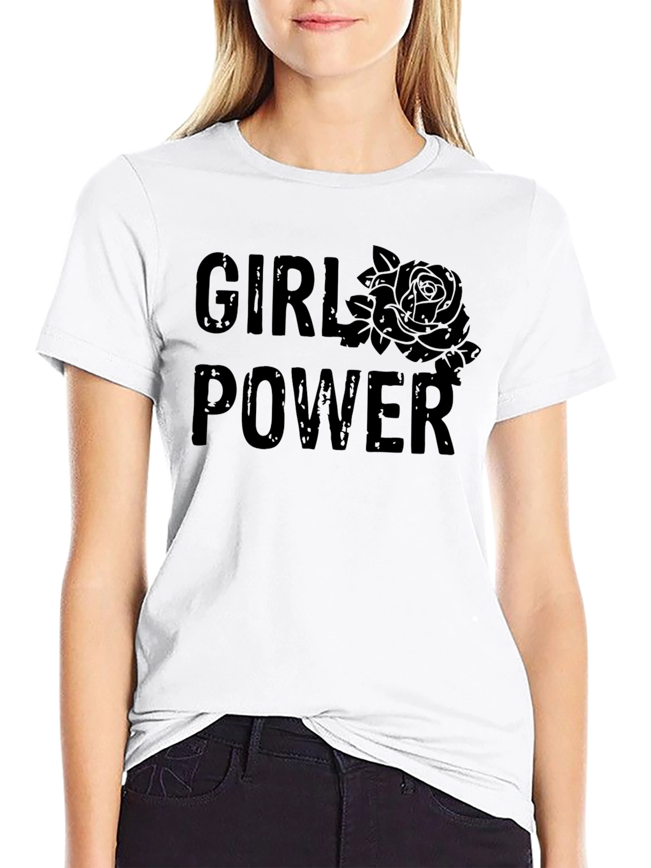 Girl Power Rose Graphic T-Shirt - Black