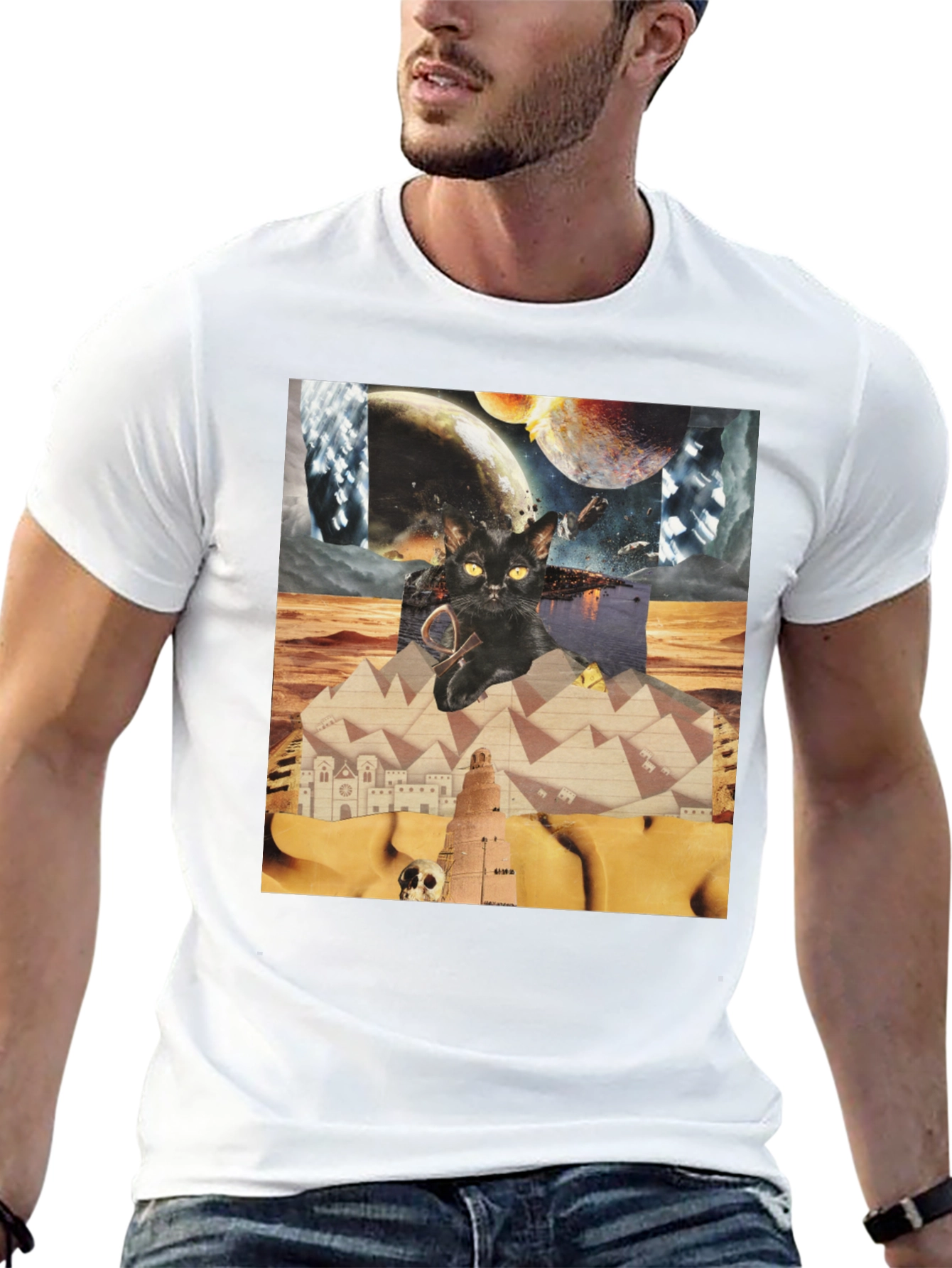 Surreal Cat Graphic Tee - Black Cotton Shirt