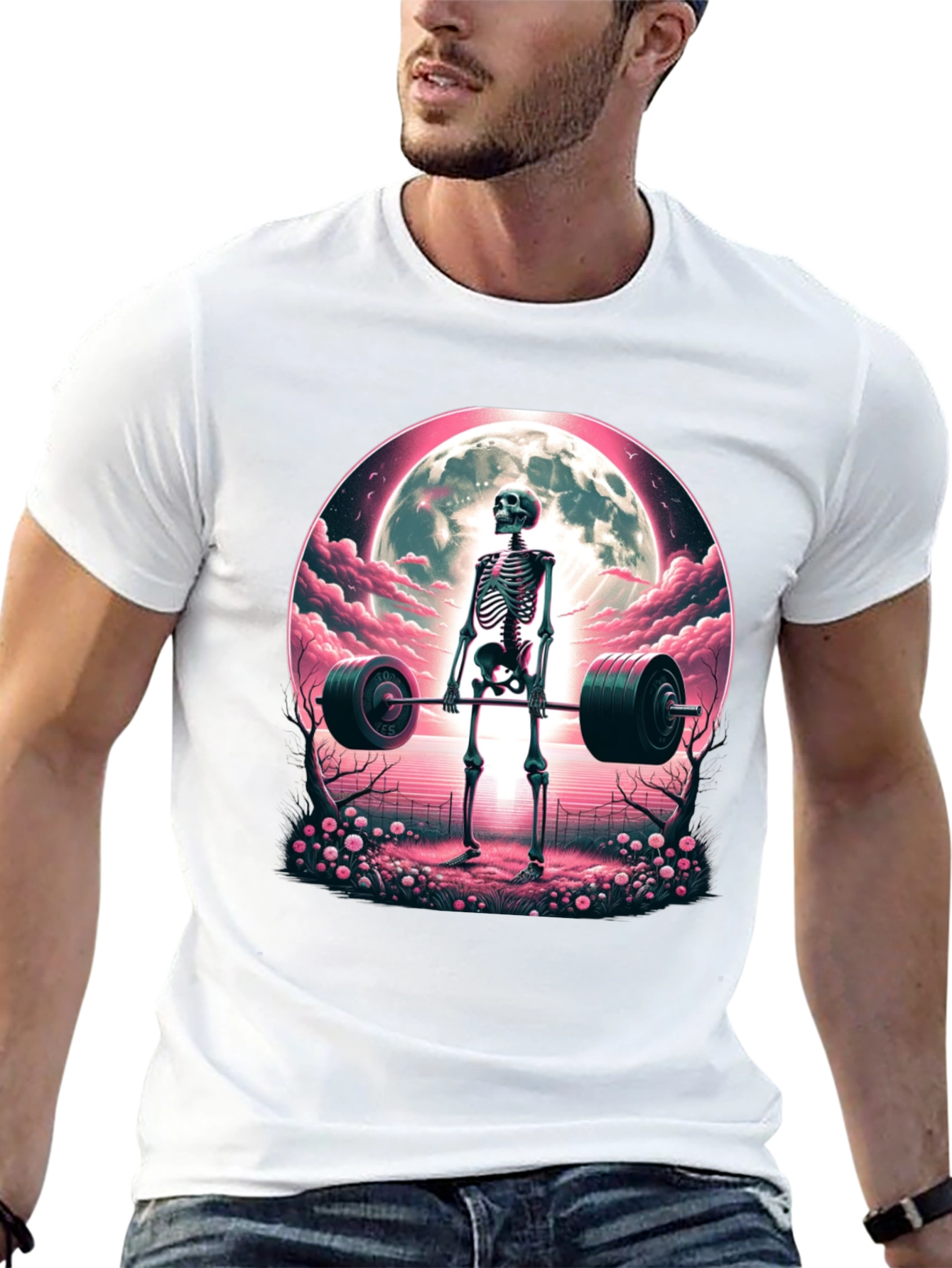 Skeleton Weightlifting T-Shirt: Deadlifts Under the Moon