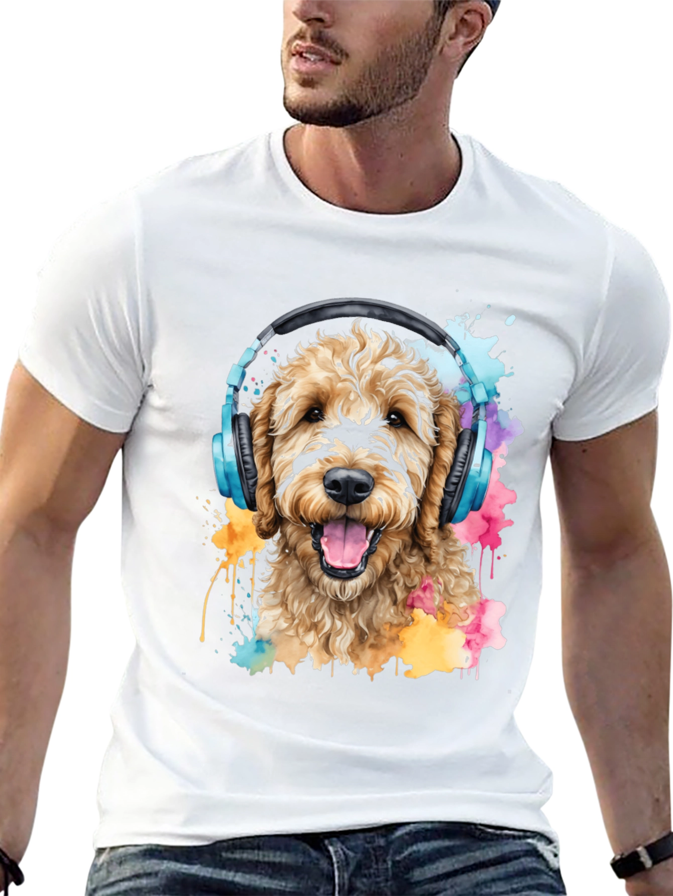 Dog With Headphones Black T-Shirt