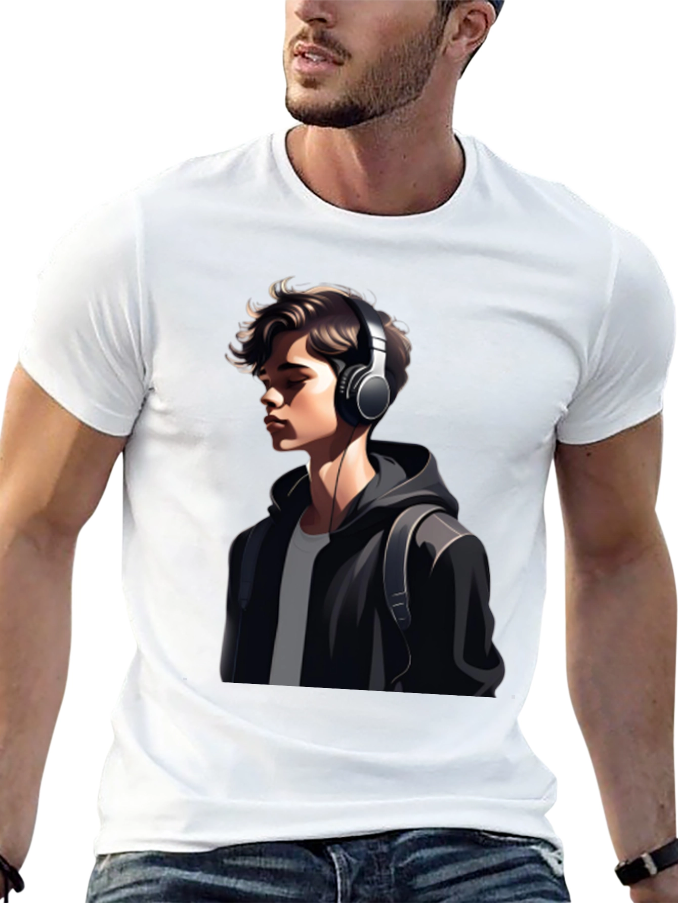 Trendy Mans Graphic Tee - Headphones & Hoodie Design