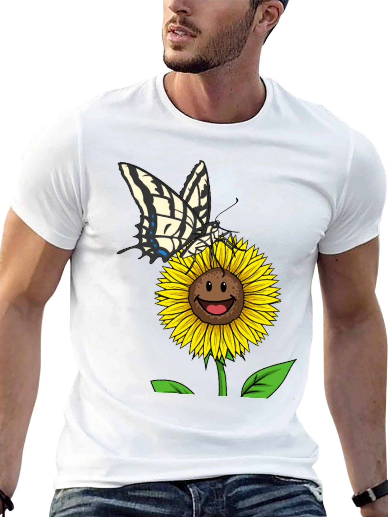 Sunflower and Butterfly Black T-Shirt
